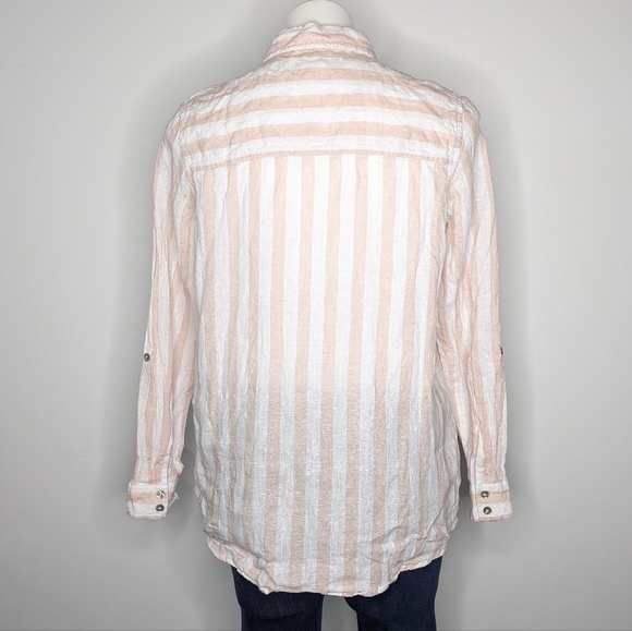 C&C California pink white striped 100% linen long sleeve button up shirt S - Picture 5 of 7